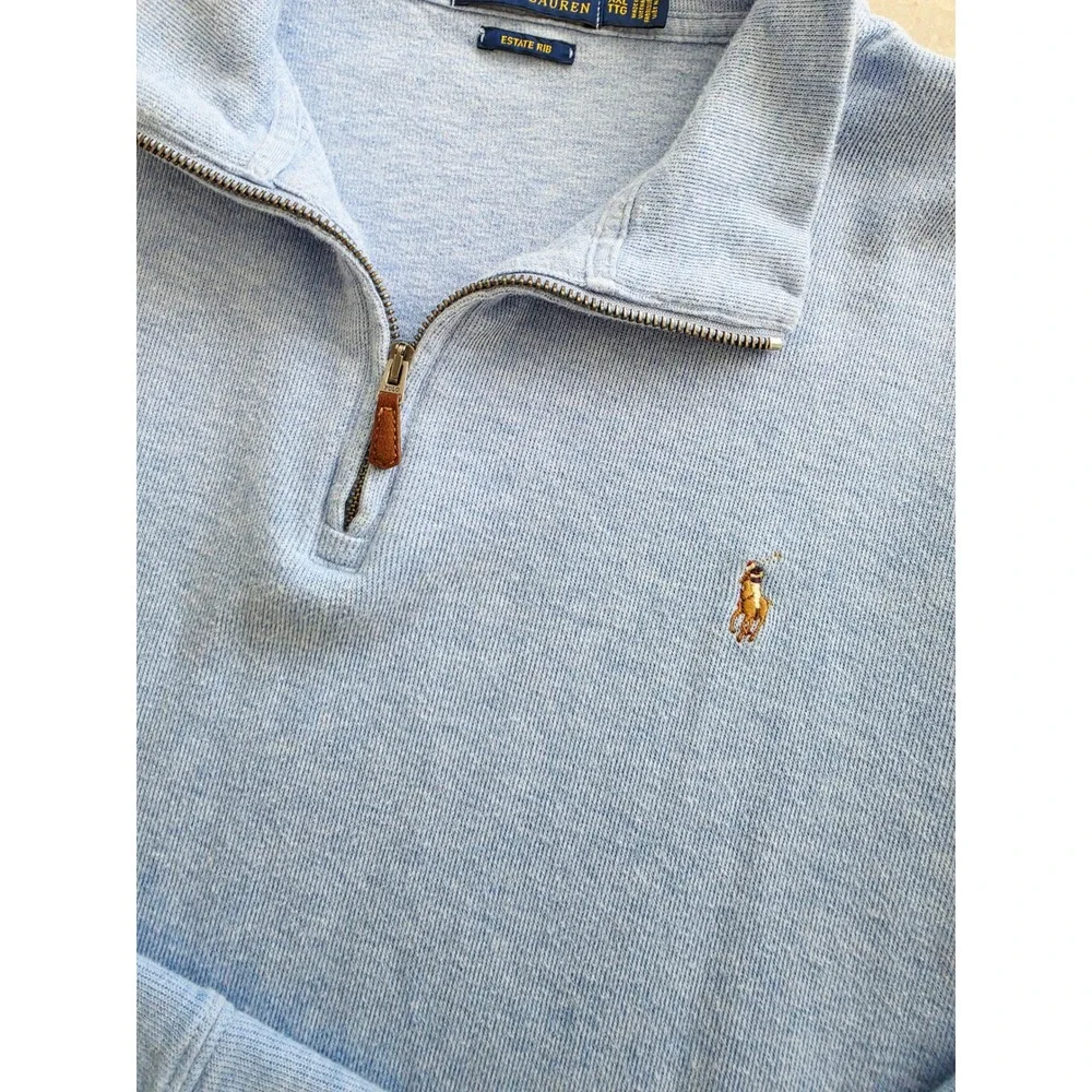 Polo Ralph Lauren Estate Rib Quarter Zip Pony Pullover Blue Cotton Mens 2XL